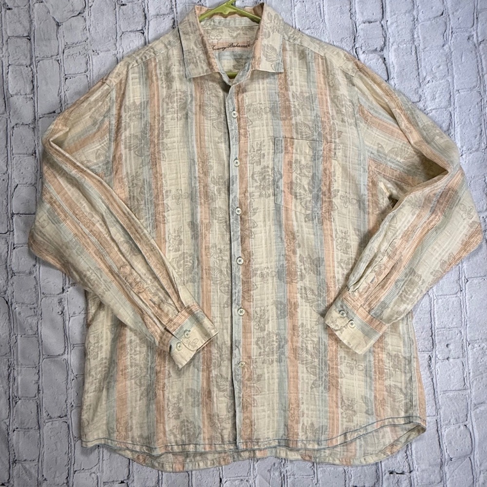 Tommy Bahama 100 Linen Shirt Large Floral Stripe Coastal Beach Resort Vacation L